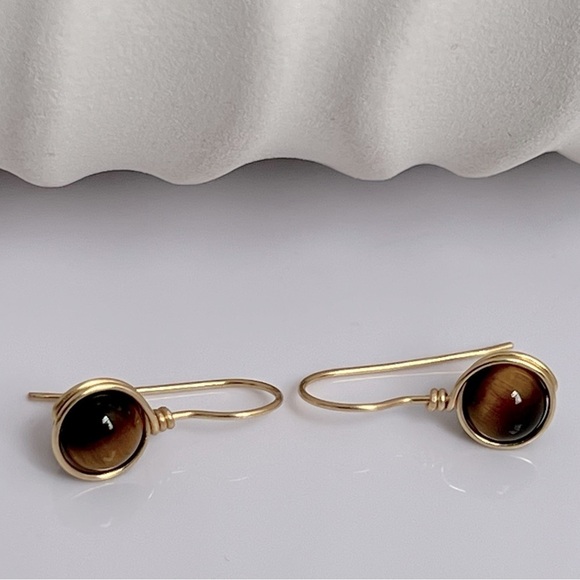 Tigers Eye Gold Wire Wrapped Minimalist Earrings - Picture 3 of 12